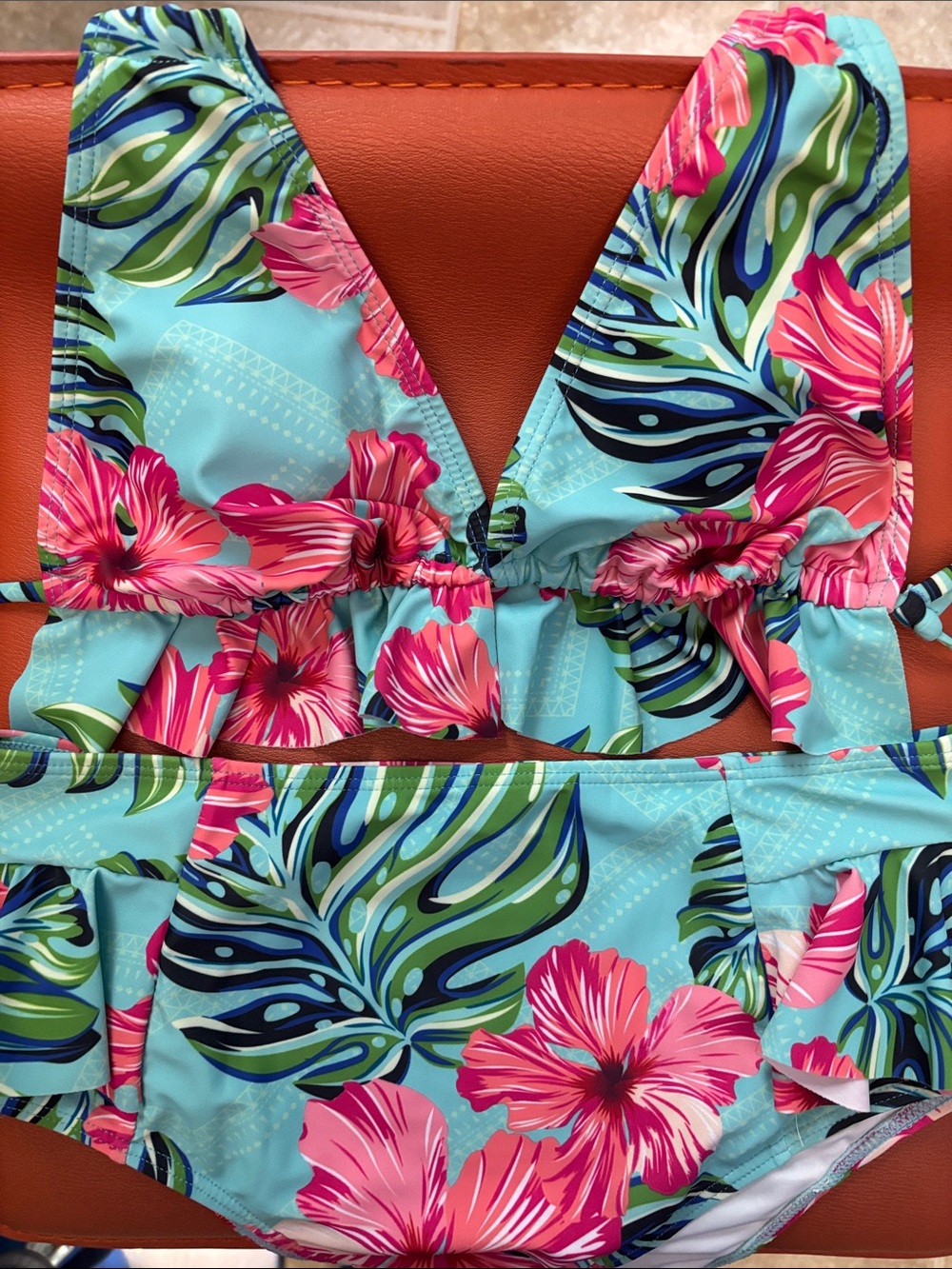 Women’s Tropical Floral Two Piece Swimsuit in Aqua and Pink